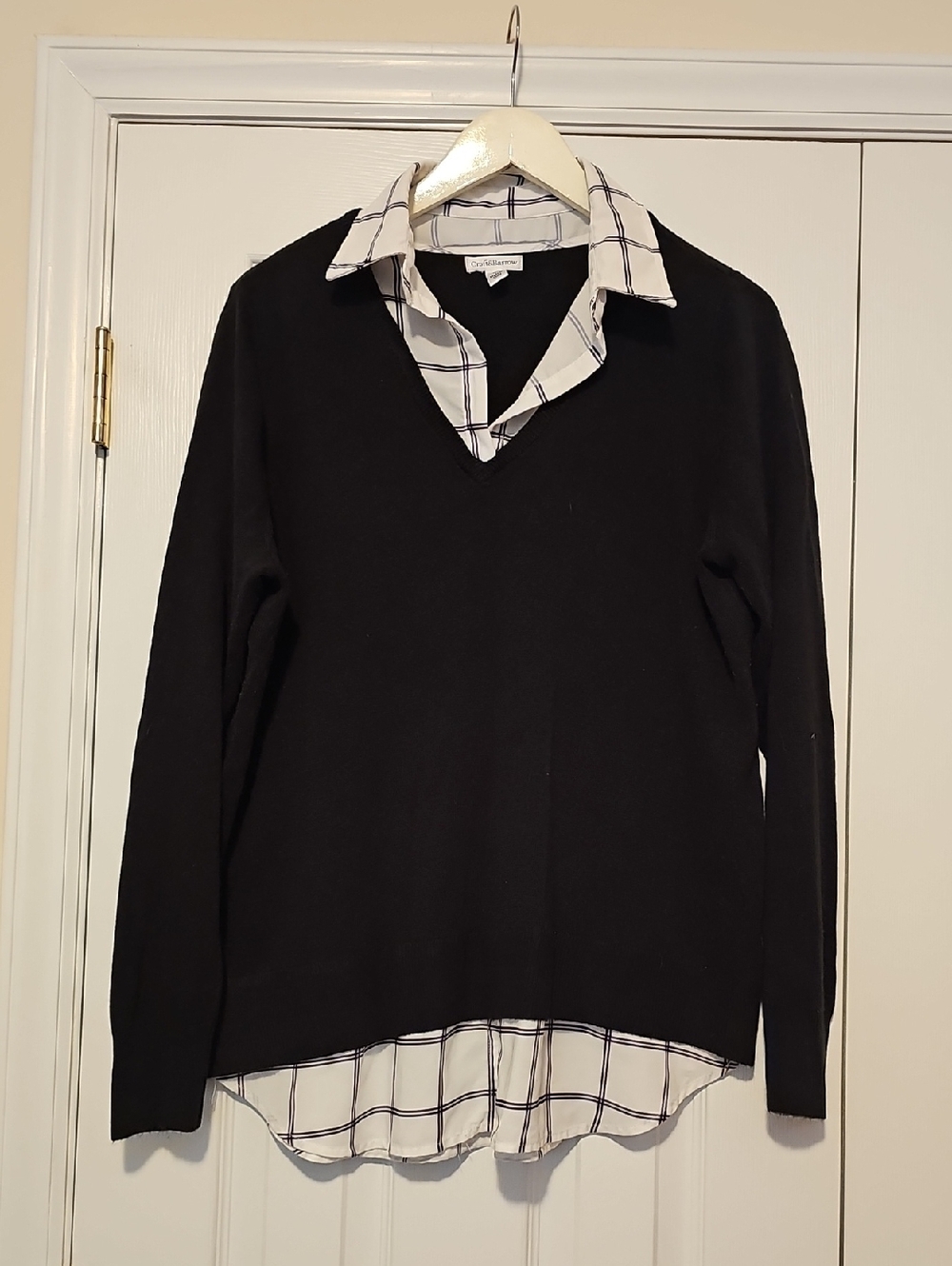 Croft & Barrow Black V-Neck Sweater Layered Over White Plaid Shirt